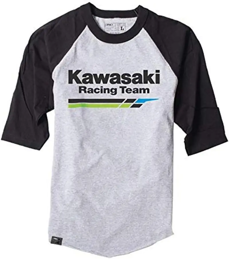Factory Effex Kawasaki Raglan Baseball Shirt (Heather Gray/Black,Large)#17-87124 1