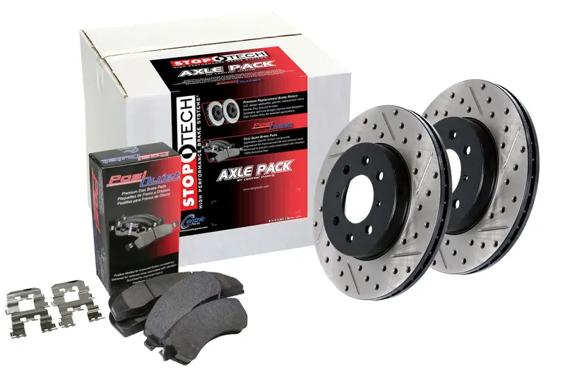 Stoptech Street Rear Brake Kit – Drilled & Slotted Rotors With Premium Pads (Model 938.34566) 1